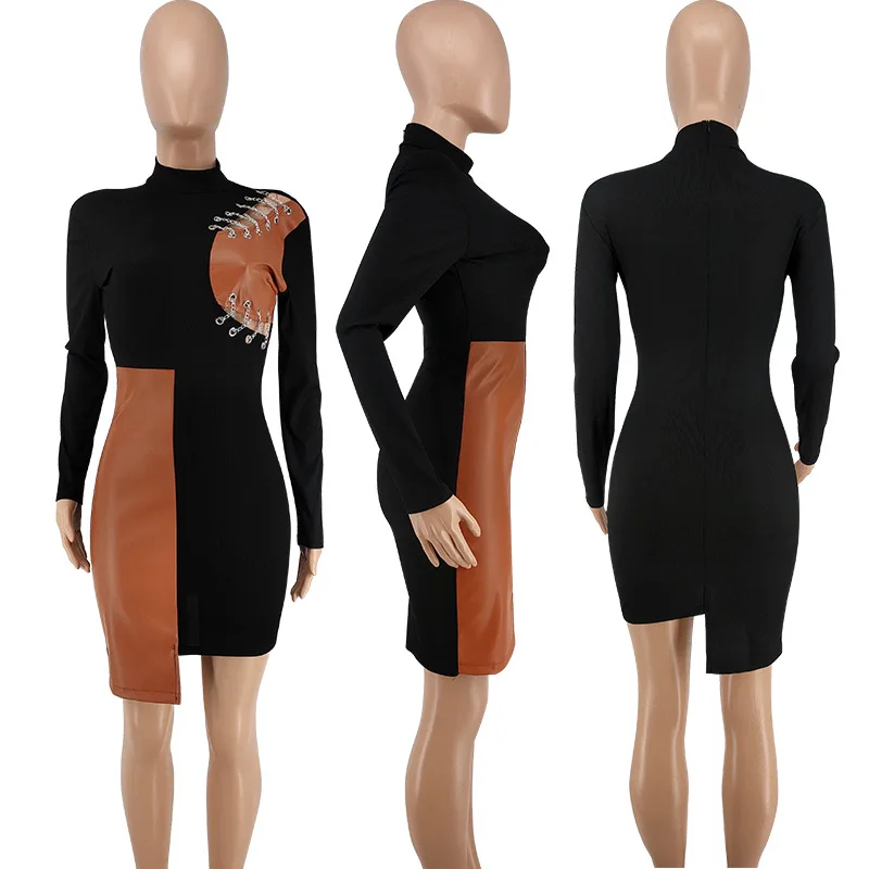 

Amazon Hot Sale 2021 Sexy Bodycon Color Blocking hole Women casual Autumn mesh dress
