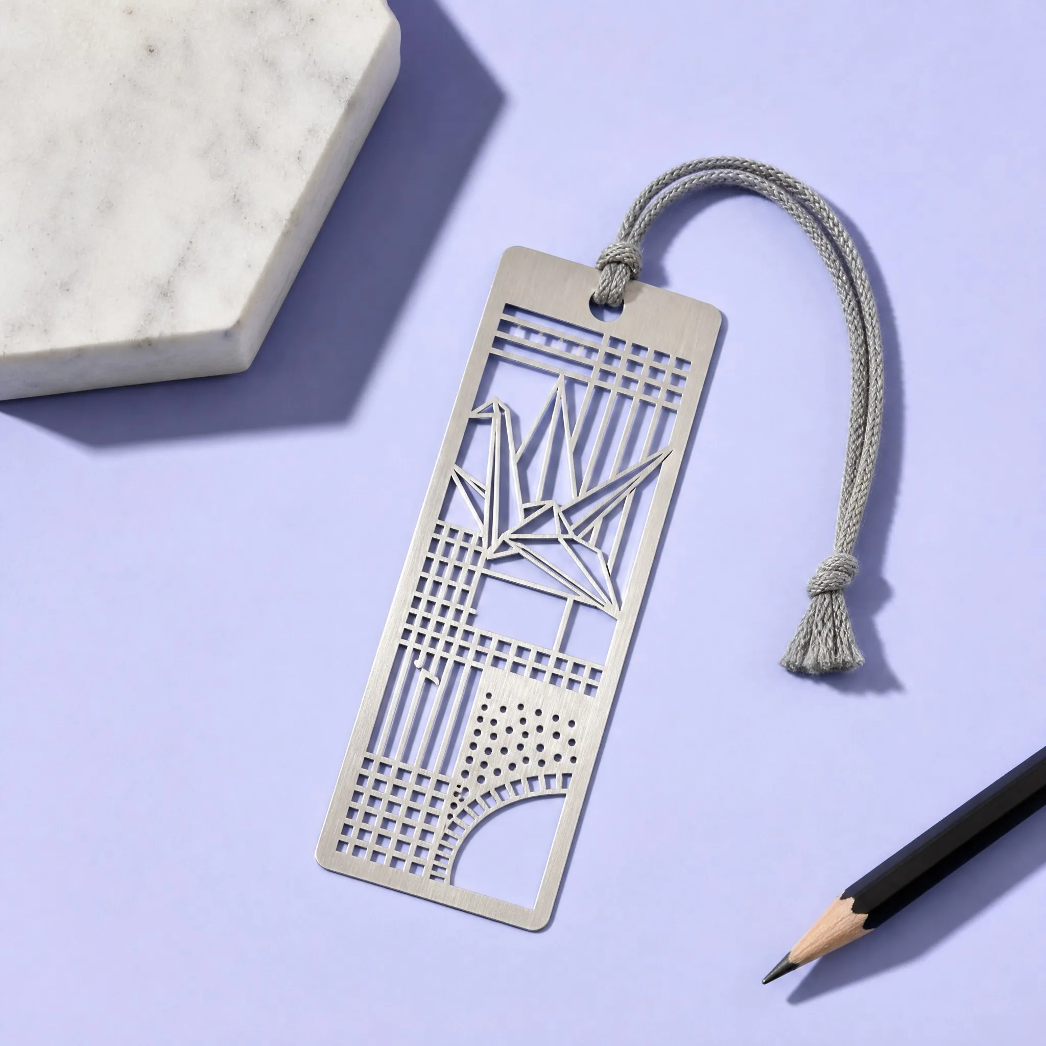 Custom Brushed Stainless Steel Origami Crane Architectural Grid Bookmark