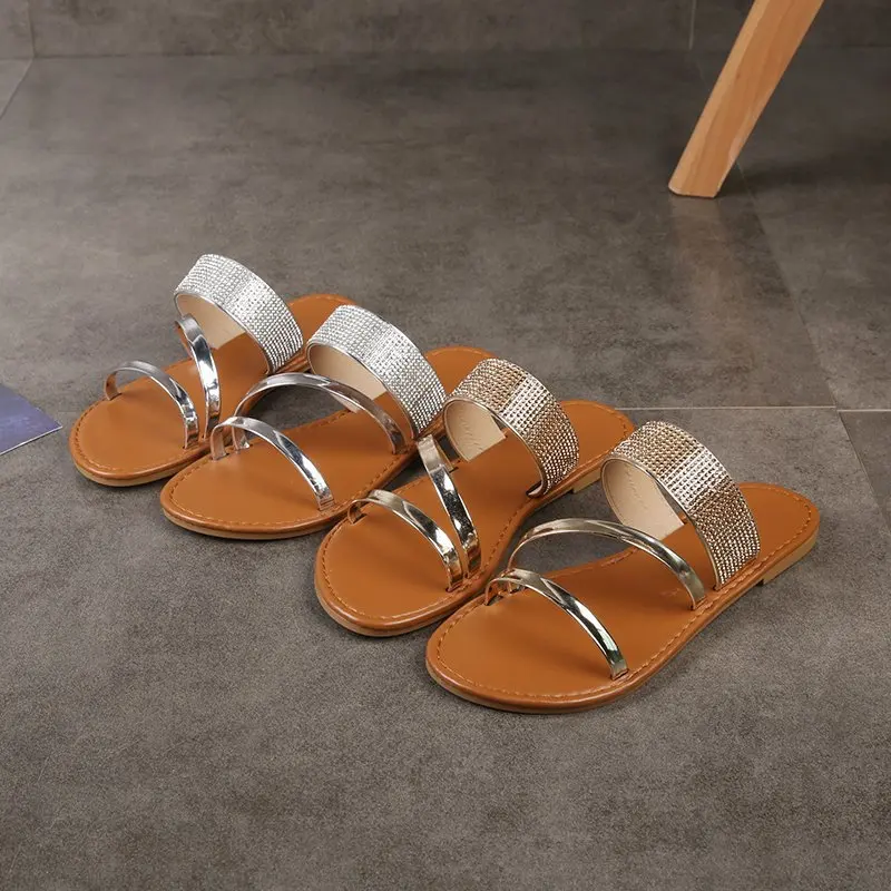 

Newest High Quality Women Slides Round Toe Flat Slippers Summer Outdoor Beach Non-Slip Casual Sandals Female Shoes, Silver gold