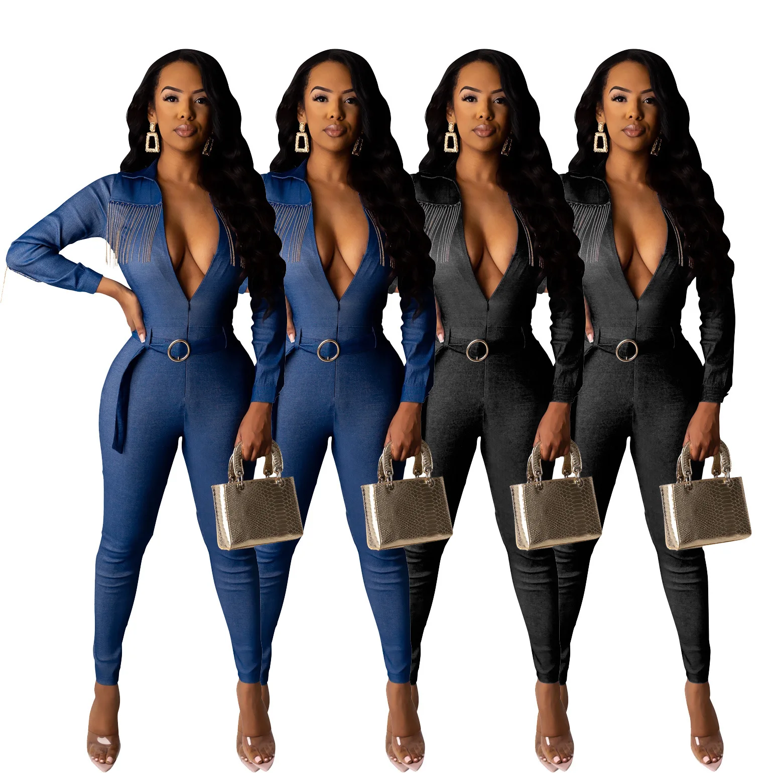 

B63359A Hot sale of European and American women's sexy fashion denim tassel solid color jumpsuit, Black/blue