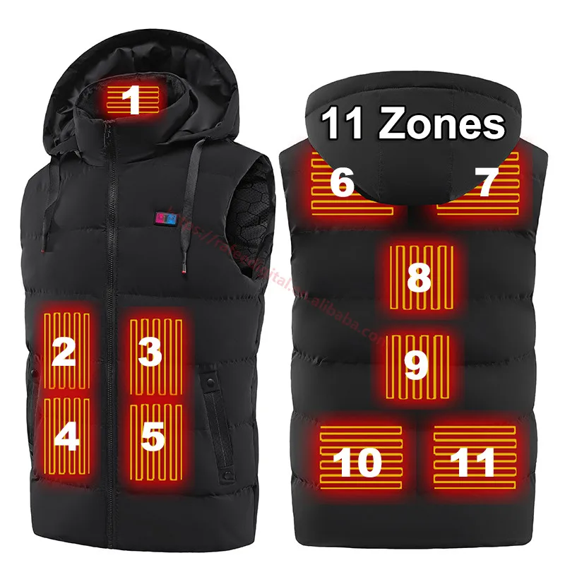 

11 Areas Multizone Heating Pad Men Women Winter Hunting Hoodie Sleeveless Warm Thermal Smart Jacket USB Electric Heated Vest, Black,blue