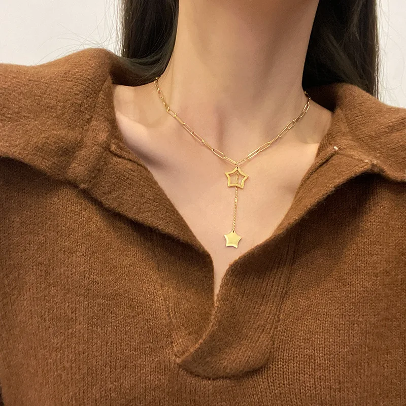 

Elegant Style Link Chain Titanium Steel Star Tassel Necklace Gold Plating Hollow Pentagram Star Pendant Necklace