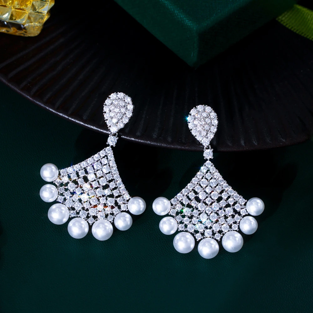 Beautiful Cubic Zirconia Paved White Imitation Pearl Bridal Big Drop Earrings for Women Wedding Engagement Dress Accessories