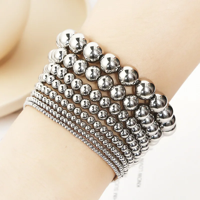 

Hot Selling Simple Elastic Adjustable Stainless Steel Beads Beaded Chain Bracelets for Men Women
