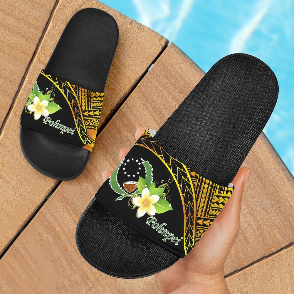 

Yellow Tribal Polynesian Hawaii Pohnpei Plumeria Flower Floral Custom Logo Slipper for Women Summer House Shoes Slides Flip Flop