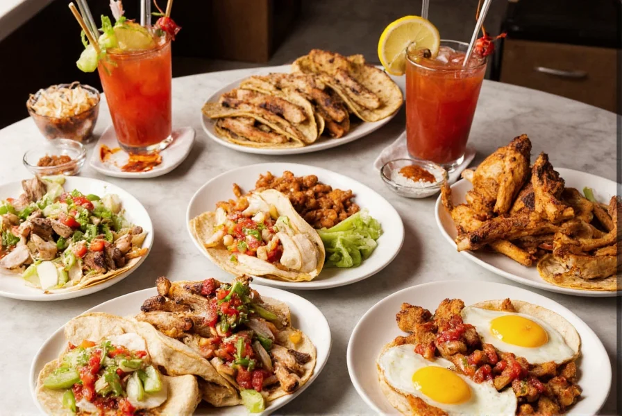 Various dishes including tacos, eggs, grilled chicken, and Bloody Mary cocktail all garnished with different homemade pepper sauces