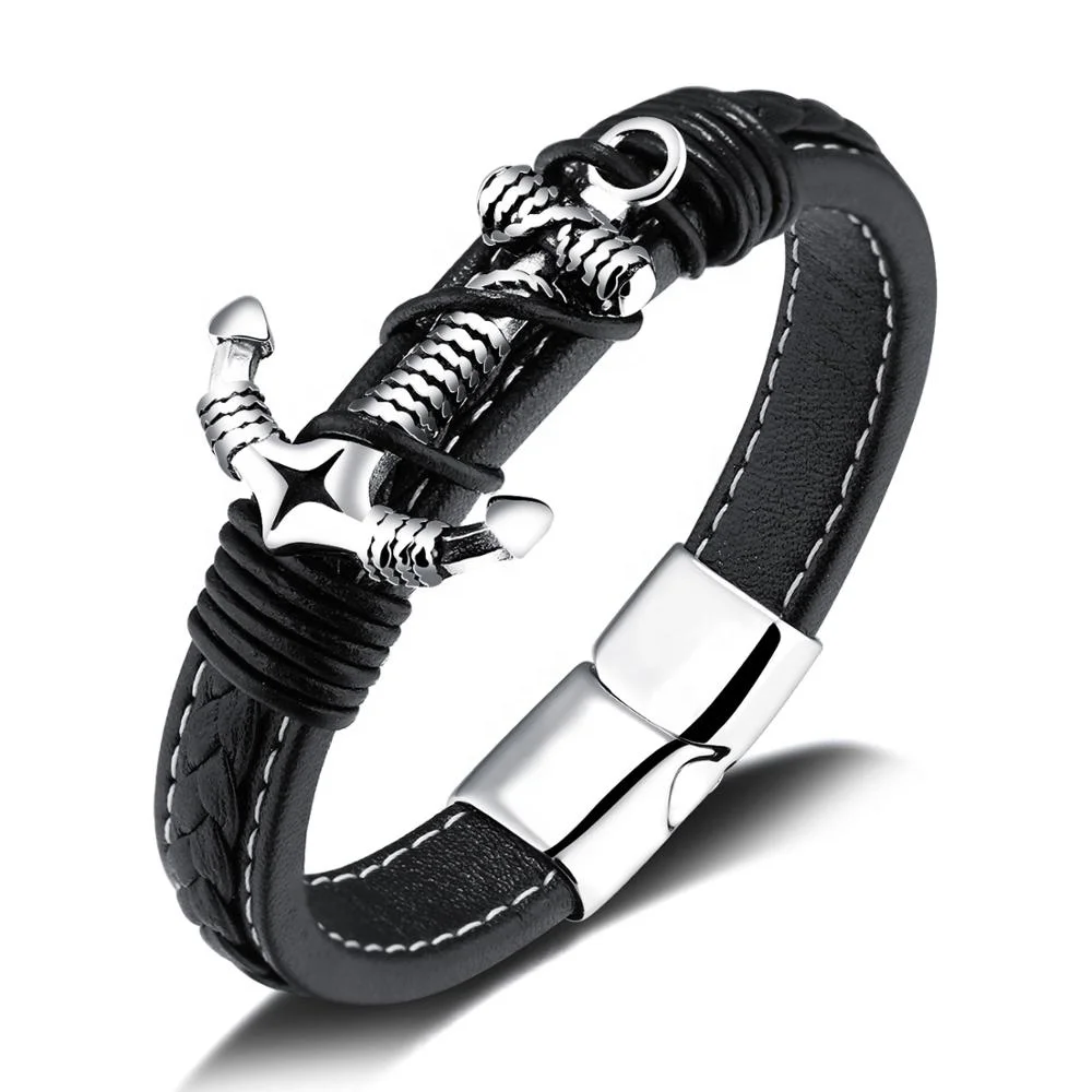 

Magnetic Clasp Braided Leather Bracelets Gift Christ Guitar Casual Black Handmade Leather Cross Anchor Bracelet Men, Picture