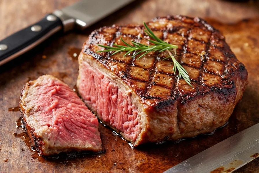 Close-up of coarse salt and freshly cracked black pepper being sprinkled on a ribeye steak