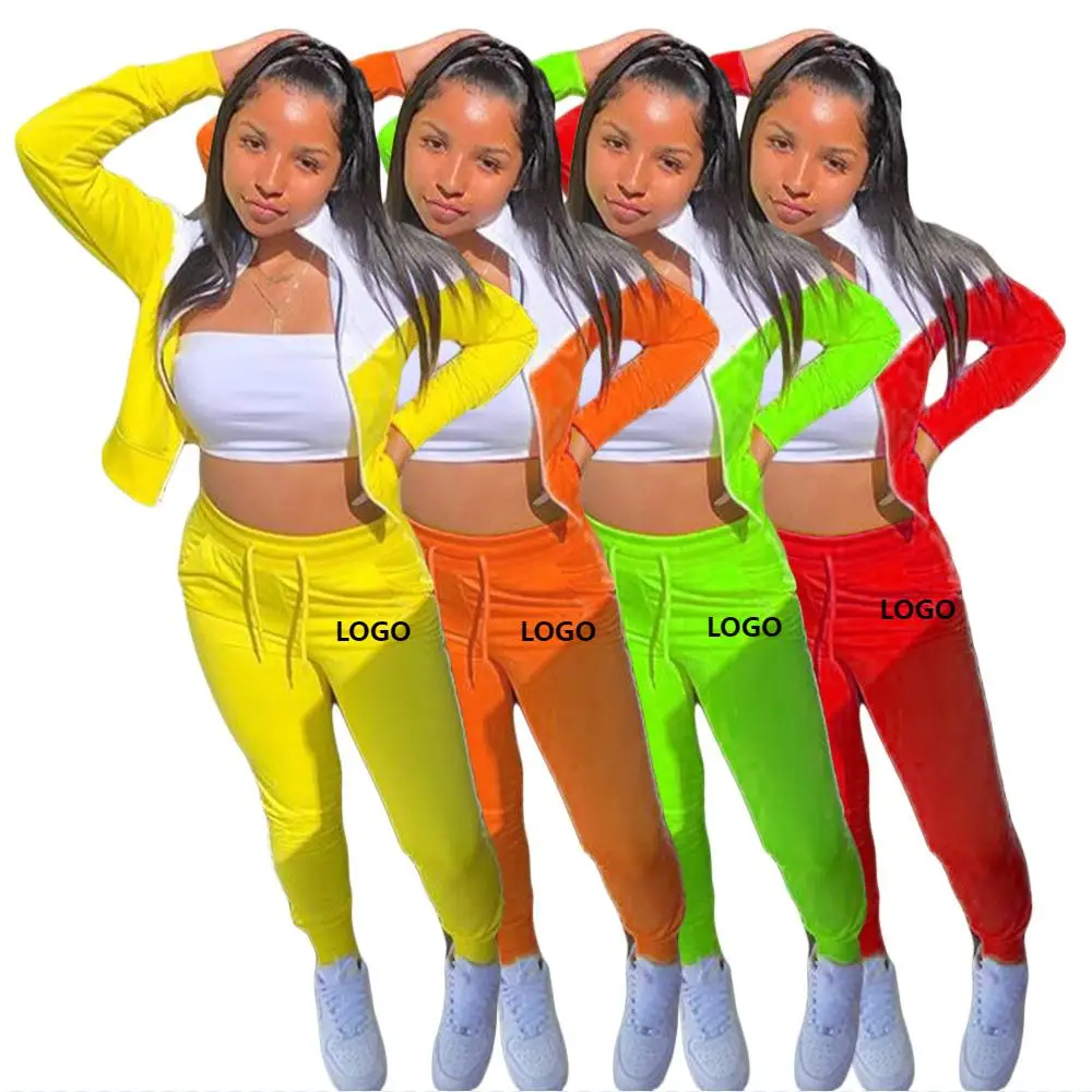 

New fashion long sleeve patchwork top and pants solid women two piece set clothing