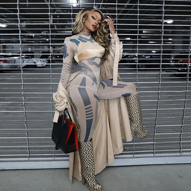 

Mesh See Through Printed Bodycon Rompers Women Sets Two Piece Sexy Bodysuit And Leggings Set Pants Club Outfits C13392