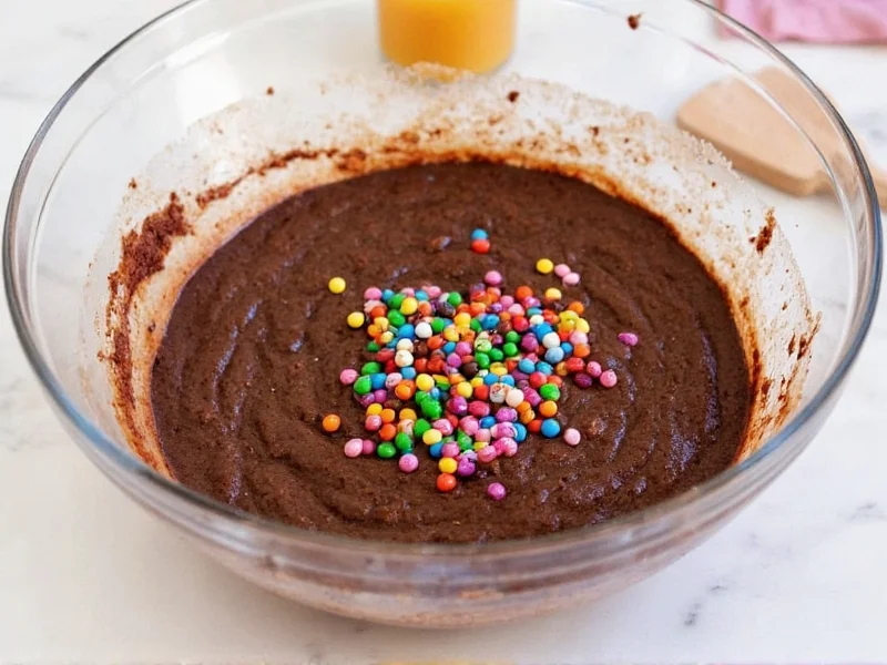 Mixing cosmic brownie batter with colorful candy pieces in glass bowl