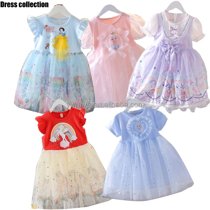 

SN-001 Super Cute princess print flutter short sleeve sequined mesh lace frock dress designs baby girls cotton knitted dresses, Picture colors