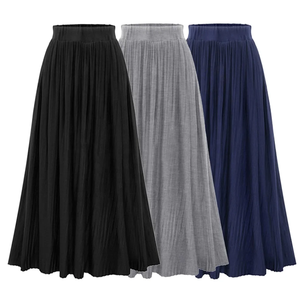 

2021 Summer mid waist solid regular pleated versatile shows thin A-line long skirt casual skirt, Gray, dark blue,gray