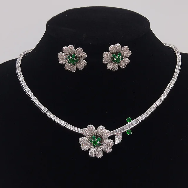 

Classic camellia zircon necklace and earrings set dinner wedding dress with accessories, Blue rose red green