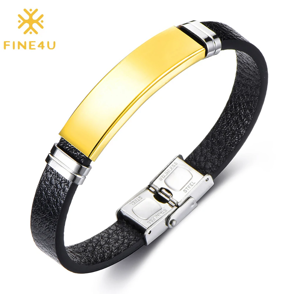 

IP black plating wristband smooth pulsera de cuero gold engrave blank bar stainless steel men bracelet leather, Gold/black