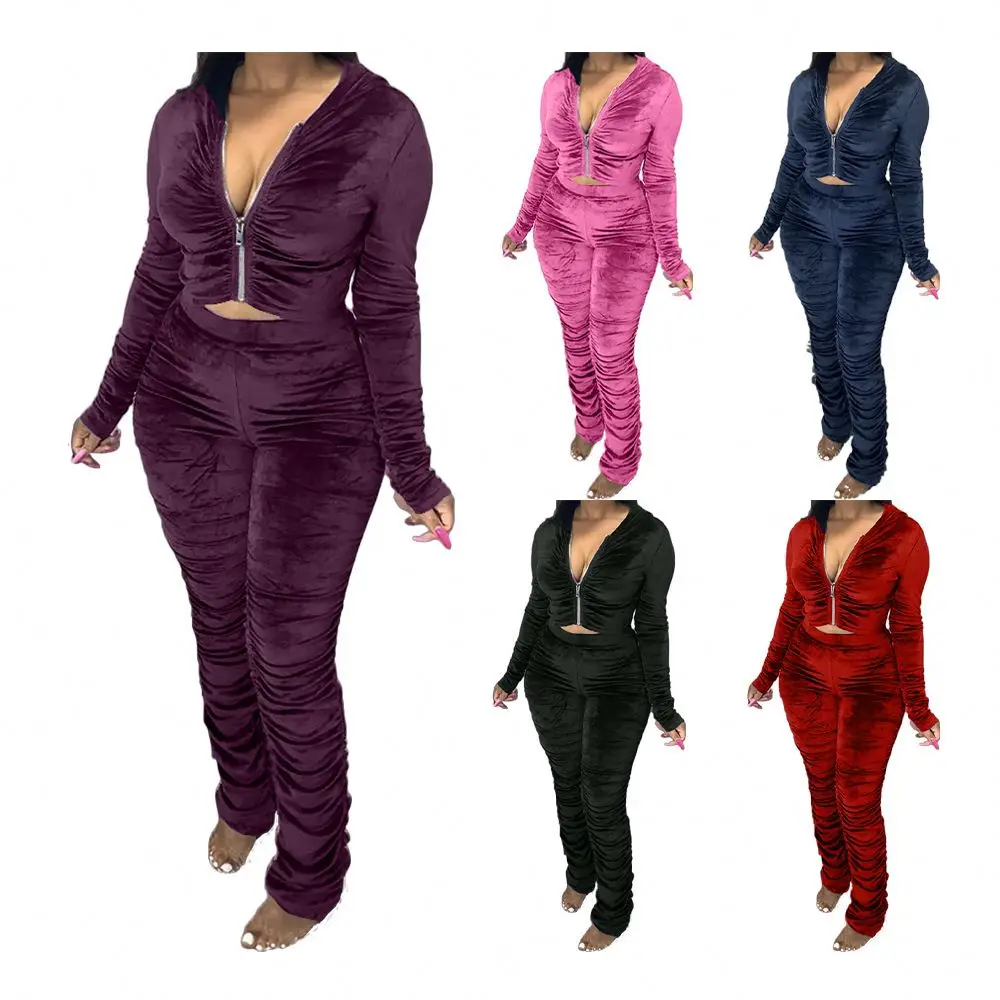 

Latest Fashion winter sexy Two Piece Sport Set stacked zipper solid Women Clothing Tracksuit Casual Outfits Tops And Pants Sets, 8 colors