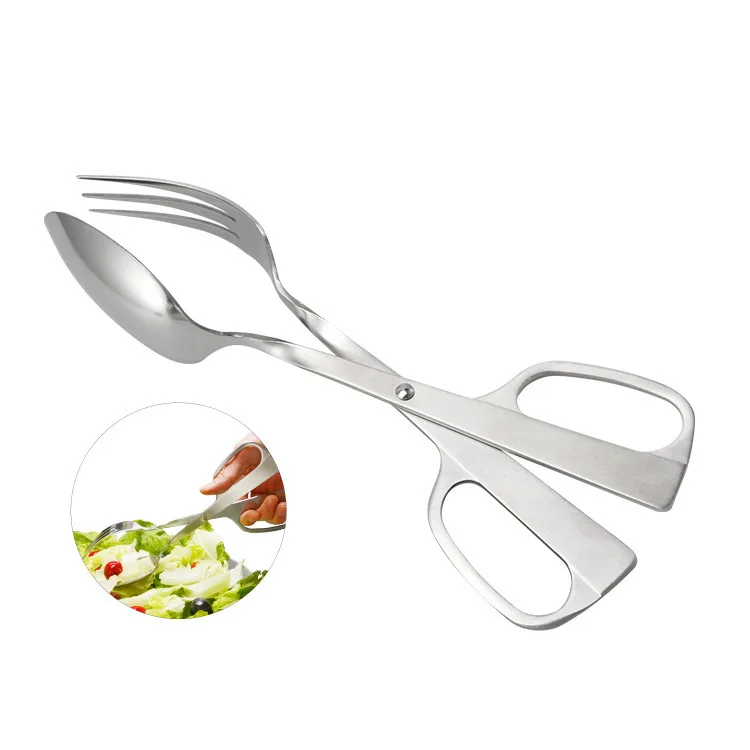 

Kitchen Gadgets Stainless Steel Salad Servers Spoon Scissor Tong Serving Tong with Spoon Fork, Sliver