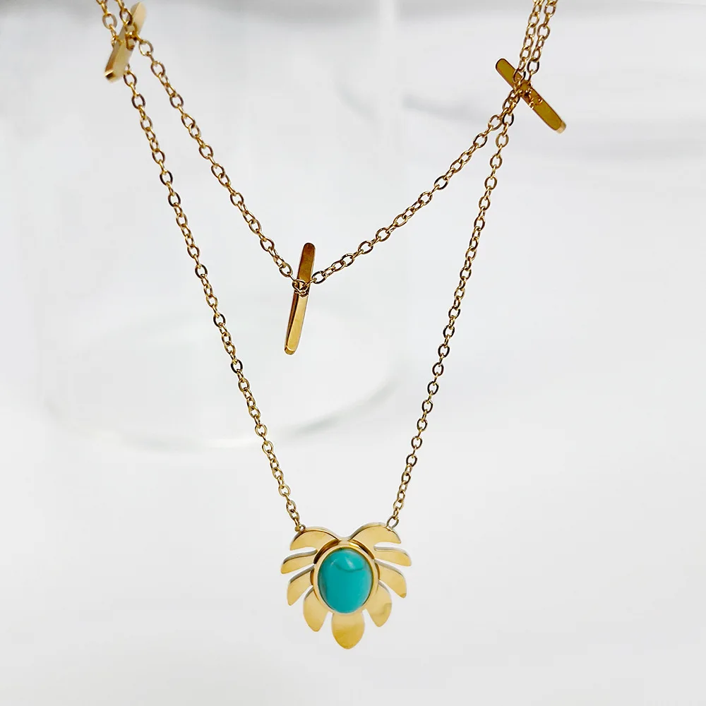 

European Trendy 18K Real Gold Plating Olive Leaves Necklaces 316L Stainless Steel Multi Layer Turquoise Necklaces