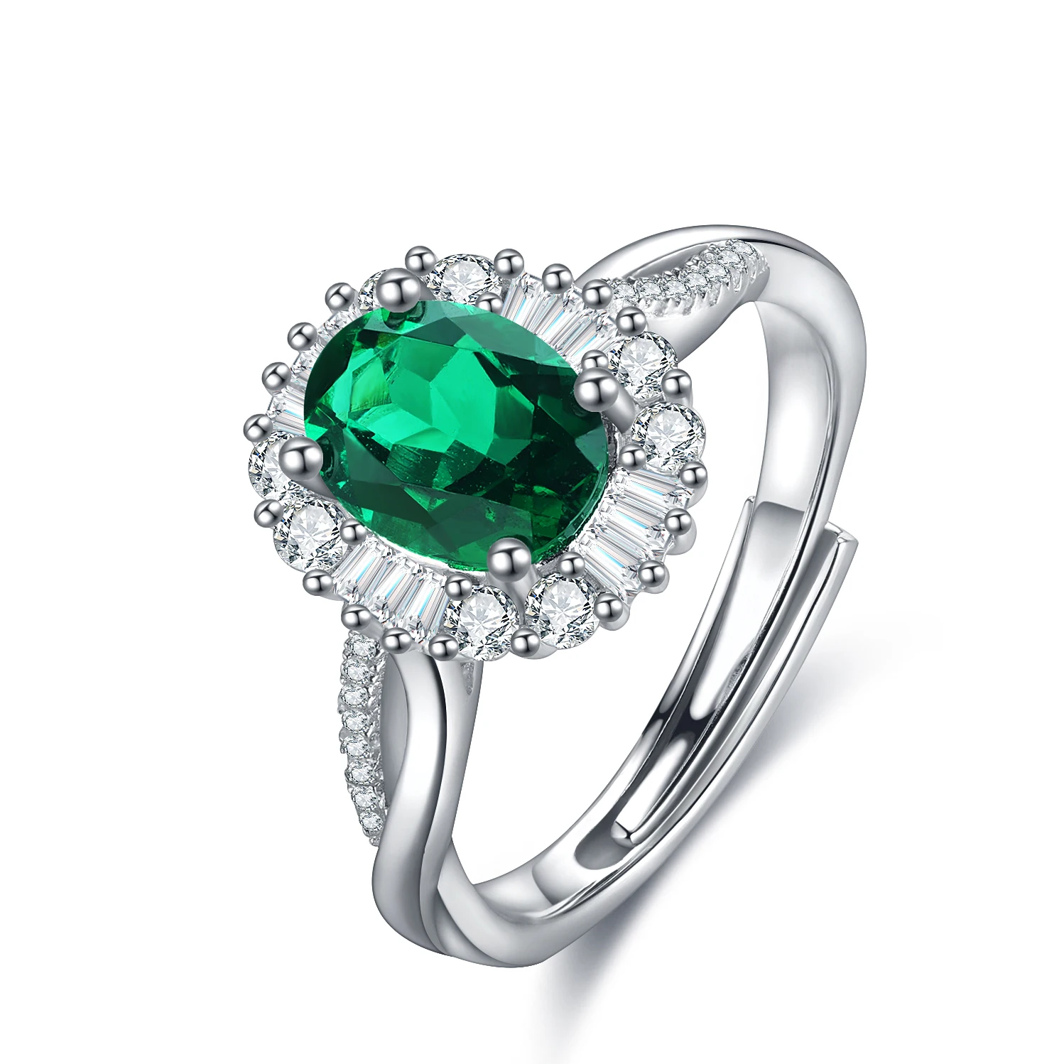 

GRC certified Zambia Emerald Color Resizable 925 Sterling Silver Oval Lab Created Emerald Ring For Woman, Green