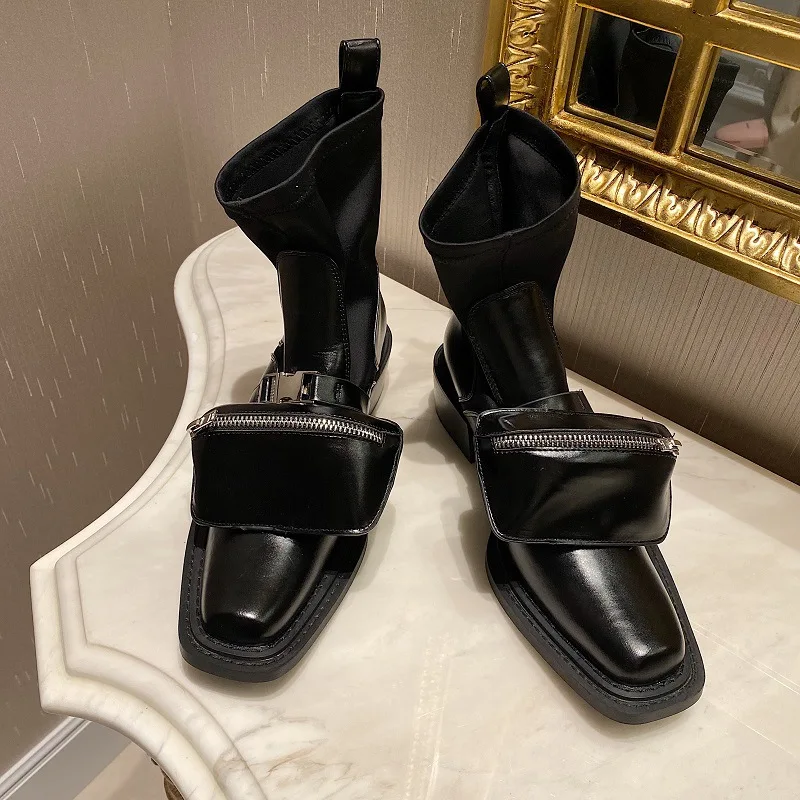 

Women Unique Ankle Boots Thick Heel Chelsea Boot 2020 Fashion Removable Bandage Bag Stretch Boot Autumn Female