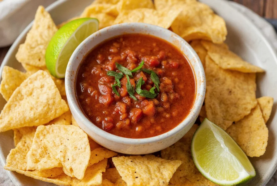 Tomatillo red chili salsa chipotle served with warm tortilla chips and fresh lime wedges