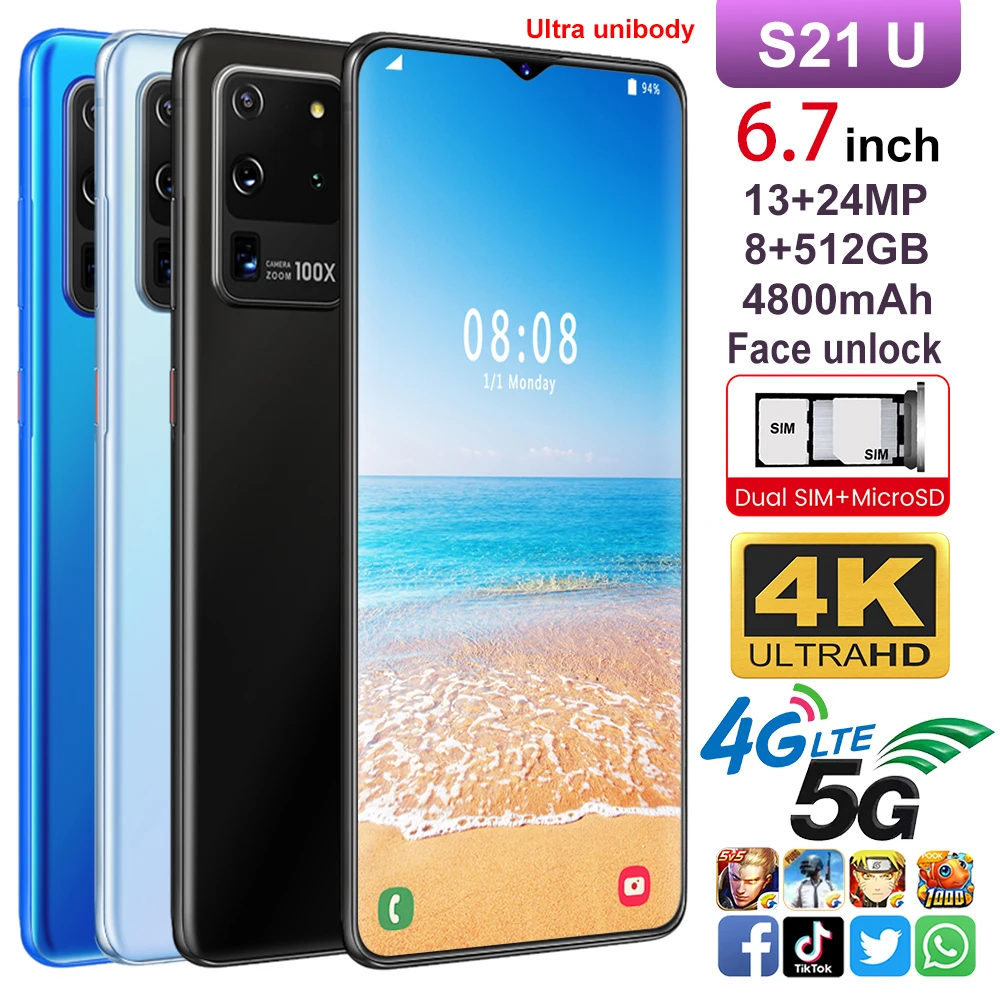 

Free shipping to US 2021 Hot S21U Android 10.0 Smartphone 6.7 Inches Large Memory 8GB+512GB thin Face Unlock Dual Card Phone