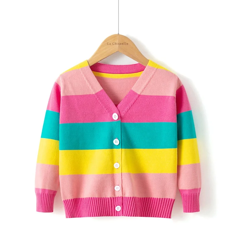 

Autumn children's sweater new 100% cotton rainbow European and American knitted children's sweater V-neck coat