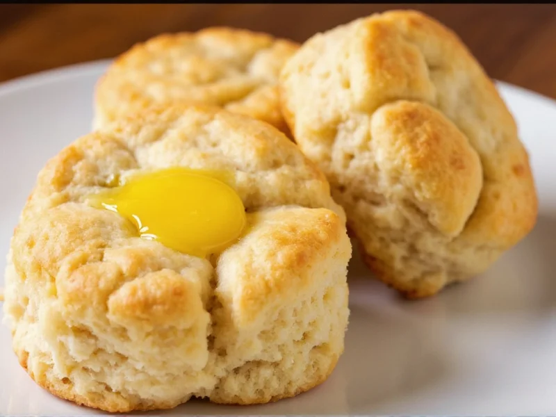 Golden brown homemade biscuits with melted butter on a plate