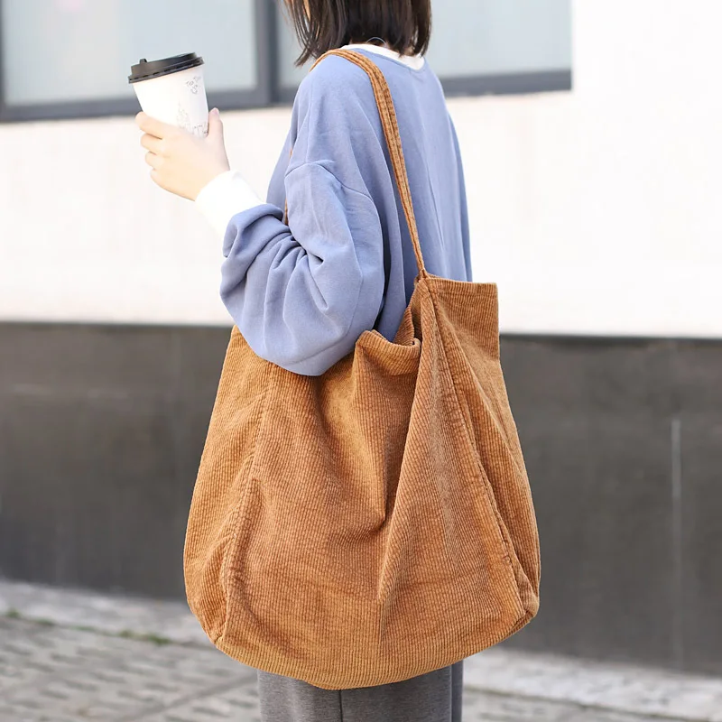 

Fashion Reusable Foldable Eco Large Blank Shoulder Beach Bag Vintage Women Corduroy Tote Bag