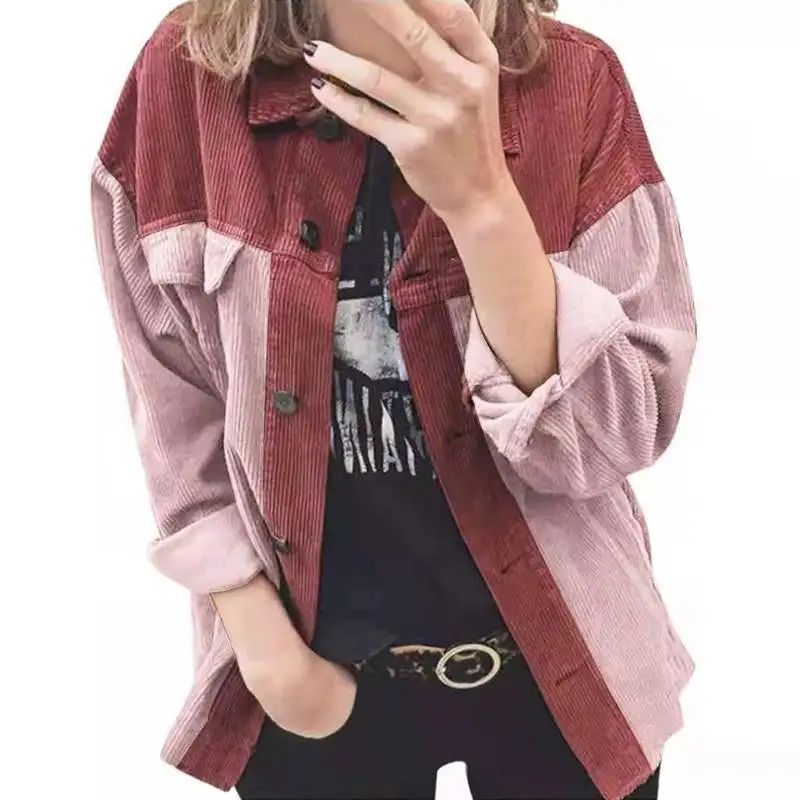 

Fashion Clothes All-match Tops Corduroy Coat Button Cardigan Casual Jacket Vintage Long-sleeve Stand Collar Loose Stitch Shirt, Red-pink, green-pink, gray-yellow, green-yellow