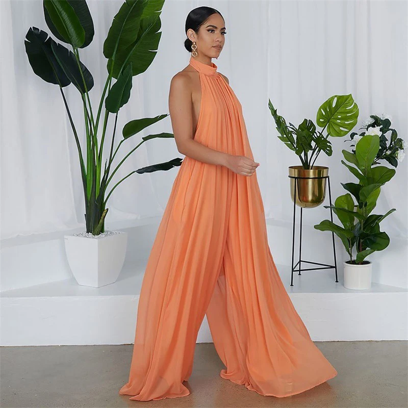 

Casual newest solid color chiffon loose backless women's clothing jumpsuits