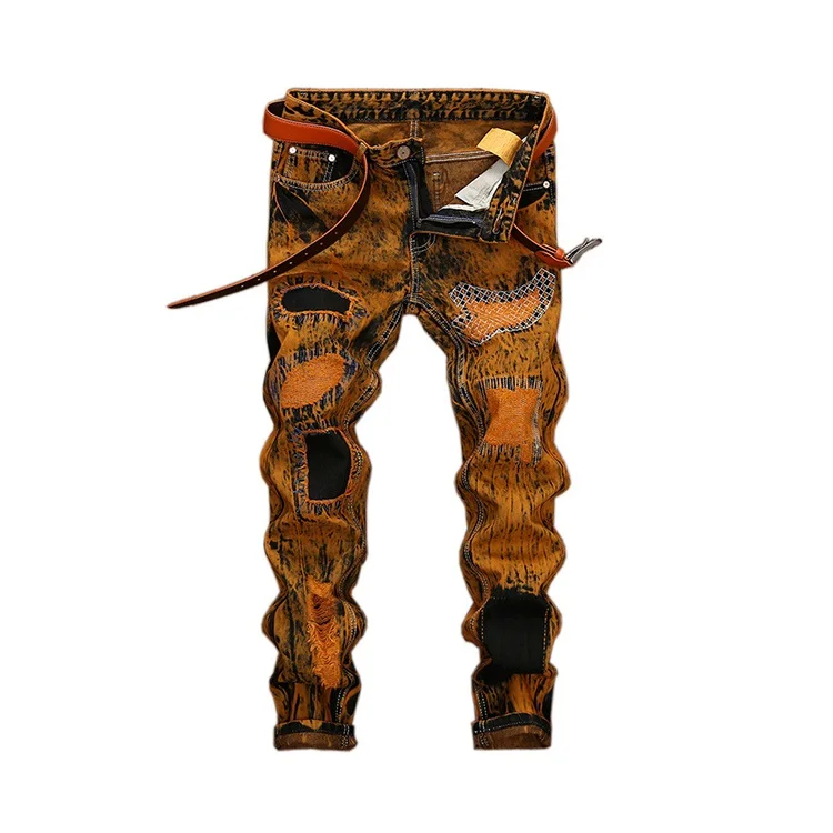 

Fashion Men Hip Hop Streetwear Patch Hole Ripped Skinny Jeans Slim Fit Mens Pencil Jeans, Brown