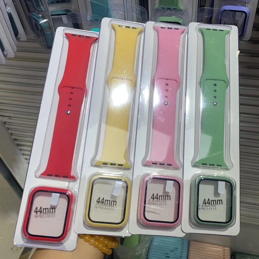 

2 in 1 Sets Tempered Glass Face Case Watch Band Silicone Sport Replacement Strap For Apple iWatch Bands, Black clear