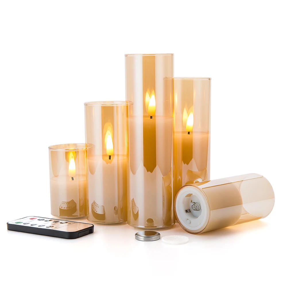

Matti's 3d real flame home decoration pillar paraffin wax remote control golden glass led candles