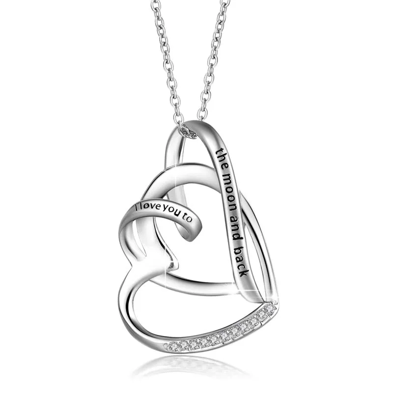 

Fashion Heart Shape Double Pendant Lettering 925 Sterling Silver Chain Necklace Jewelry for Men