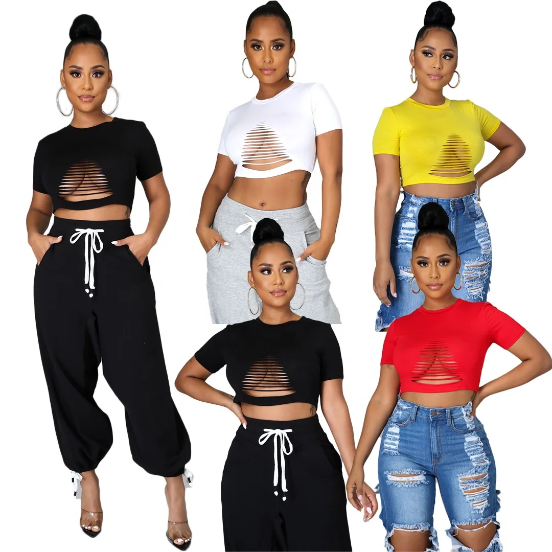 

DW5847 Fashionable wholesale short sleeve womens crop top t shirt hollow out short sexy plain ladies tops