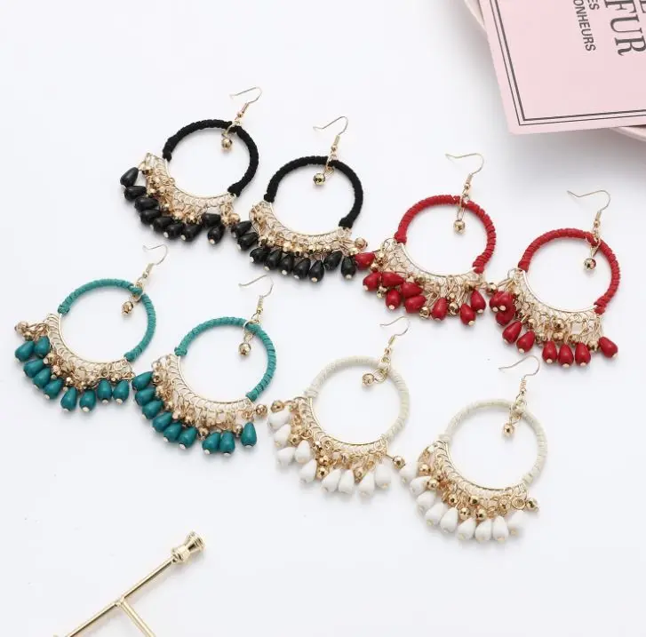 

Ethnic style hand-woven earrings Bohemian vintage round water drop tassel earrings