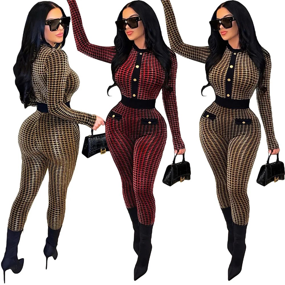 

LvCong Good price gold thread jacquard bodycon long sleeve plus size one piece jumpsuit shiny outstanding print jumpsuits