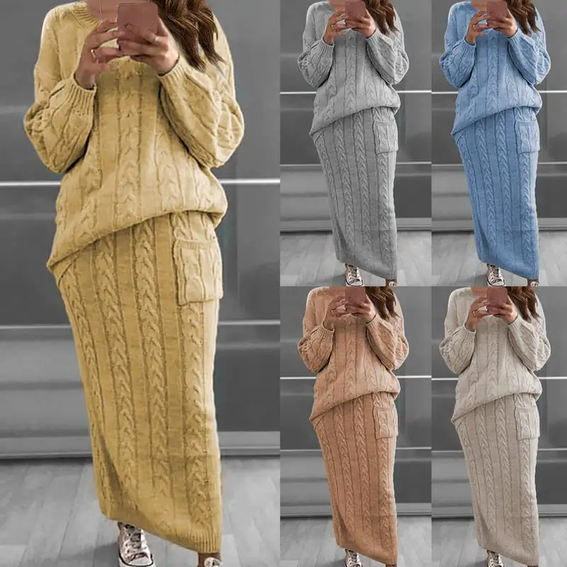 

B53851A 2020 Autumn winter new lady fashion knitted sweater skirt set, Khaki/yellow/gray/apricot/blue