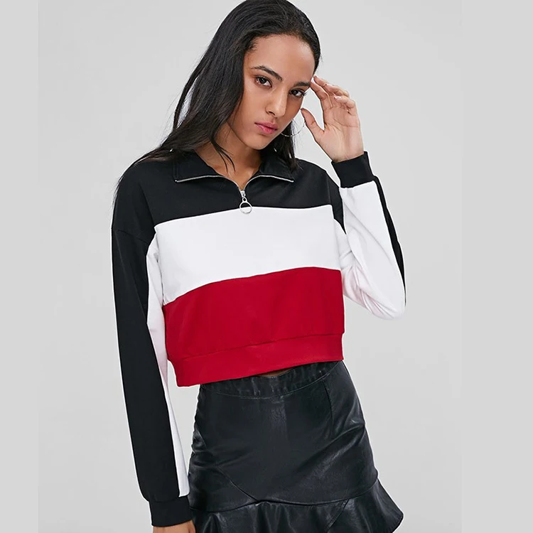 

Fashion Contrast Color Front Zipper Cropped Sweatshirt Autumn Clothing Women, Black