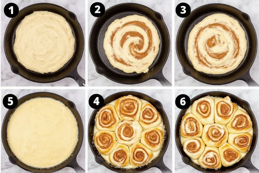 Step-by-step preparation of pancake cinnamon rolls showing batter swirling with cinnamon sugar mixture in cast iron skillet