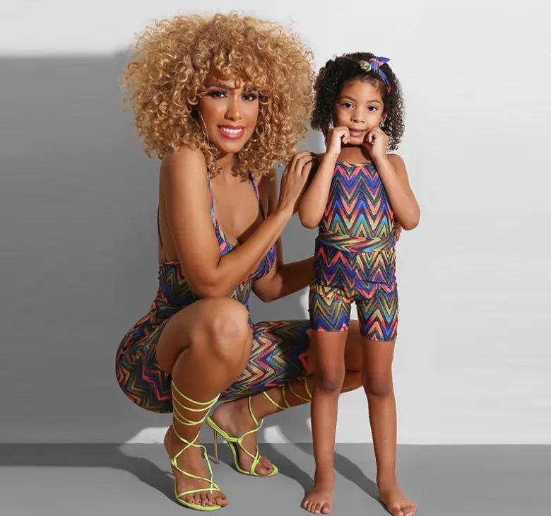 

EB-20051702 Summer 2021 Mommy And Baby New Fashion printed Swimsuit Parent-Child Suiteeveless Sling Soild Leggings Outfits