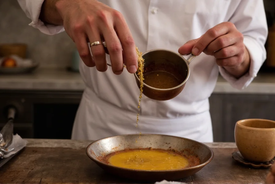 Indian chef adding asafoetida to hot oil in a traditional tadka preparation, showing the tempering process