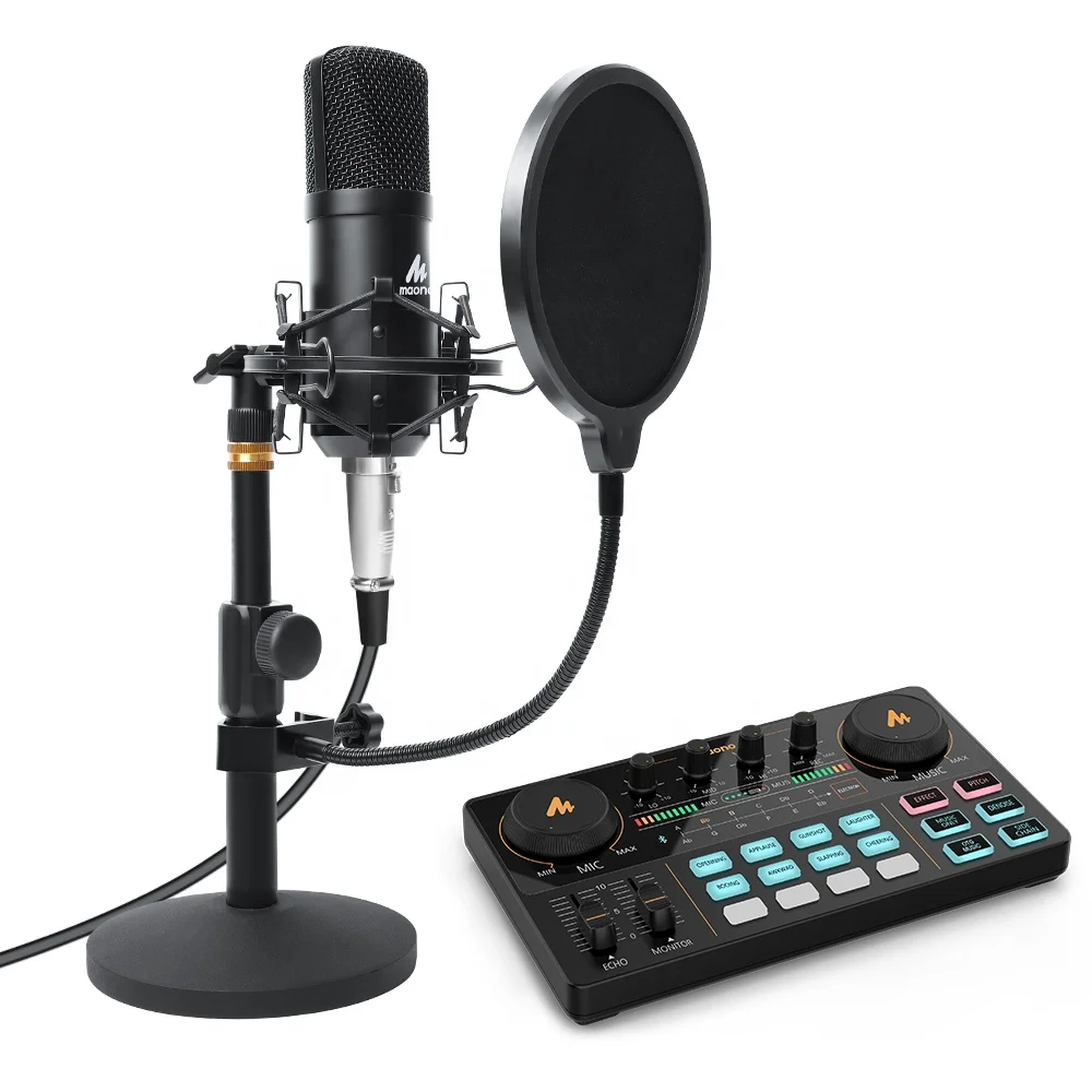 

Audio Interface Recording Studio Sound Card With Desktop Microphone for Streaming, Black