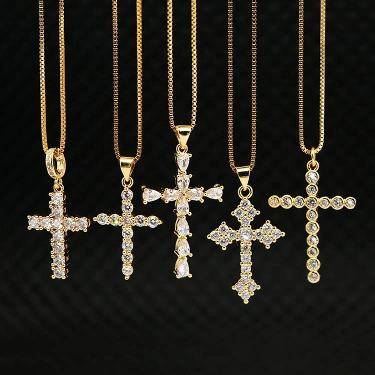 

High Quality Diamond Christian Religion Jewelry Gold Plated Stainless Steel Chain CZ Micro Pave Cross Pendant Necklace