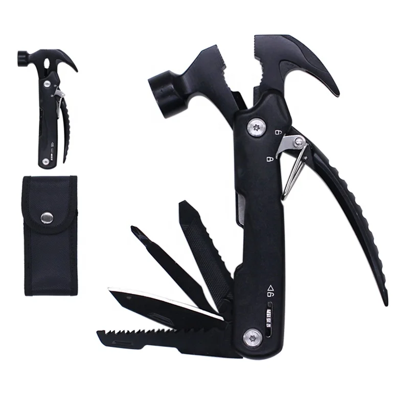 

12 in 1 Stainless Steel Multitool Camping Accessories Hammer Plier with Nylon Belt Pouch, Black