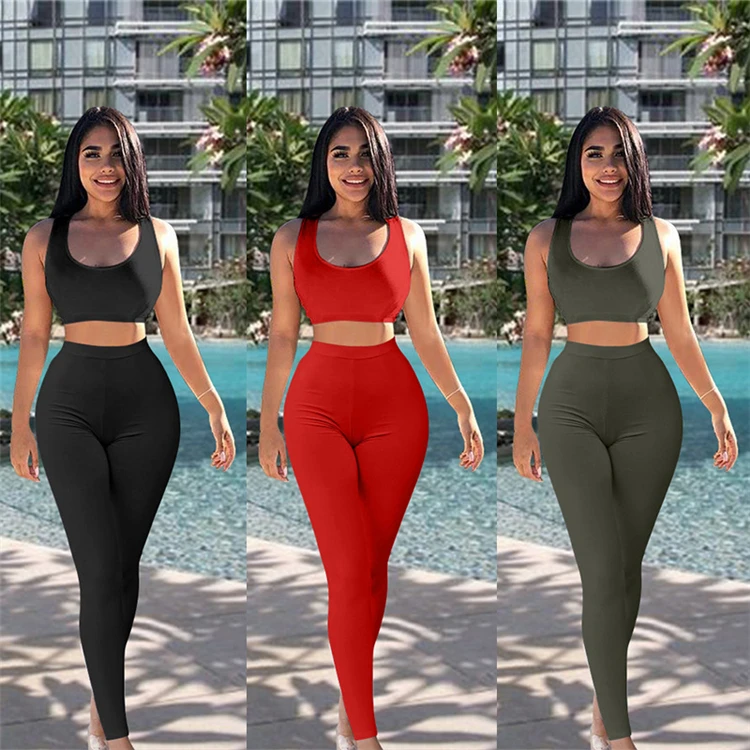 

TOB Wholesale Woman Sexy Two Piece Set Sleeveless Vest And High Waist Slim Pants AM834