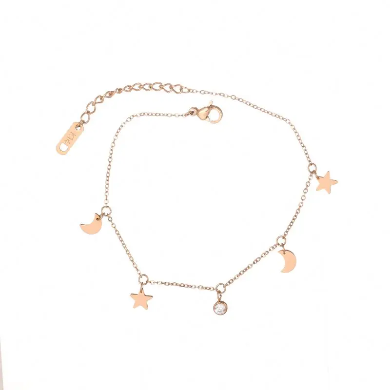 

Hot Selling Girl's Stylish Zircon Rose Gold Plating Color Moon And Star Charm Bracelet