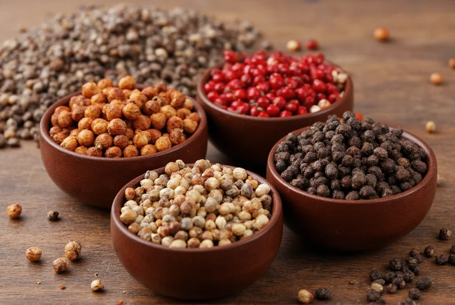Close-up comparison of Sichuan peppercorns, sansho pepper, and Tellicherry peppercorns in small bowls