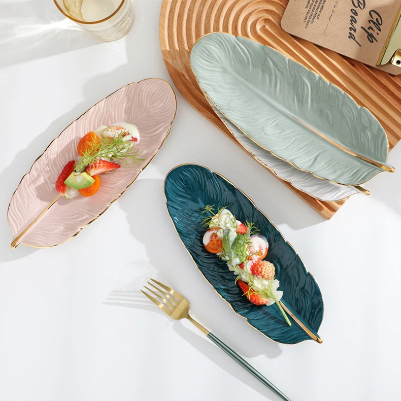 

HY 2021 INS Style Nordic Creative Design Leaf Shape Ceramic Dessert Plates Dinnerware Dishes